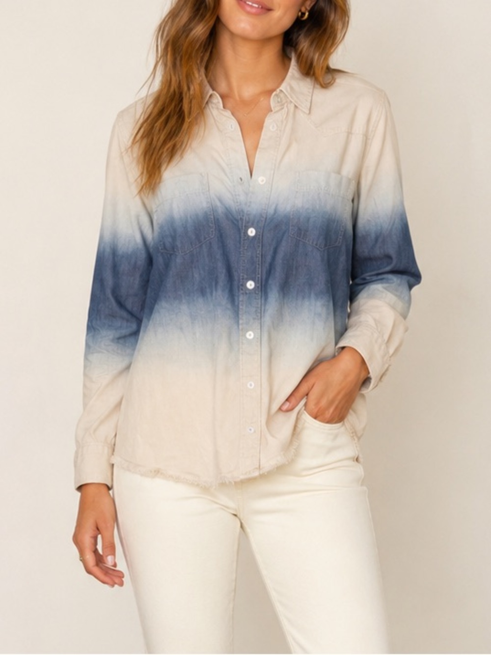 Free People Ombre Denim Button Down Shirt M Frayed Hem